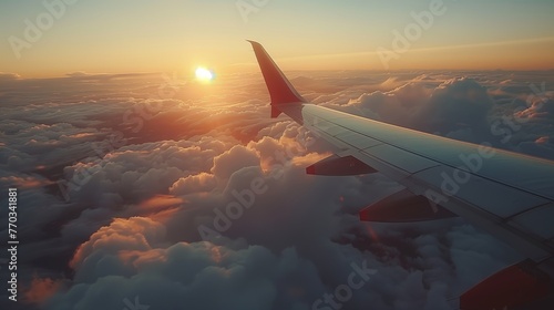 Airliner Wing Over Clouds at Sunset. Wing of a commercial airliner cuts through a sea of clouds, with the sun setting in the distant horizon.