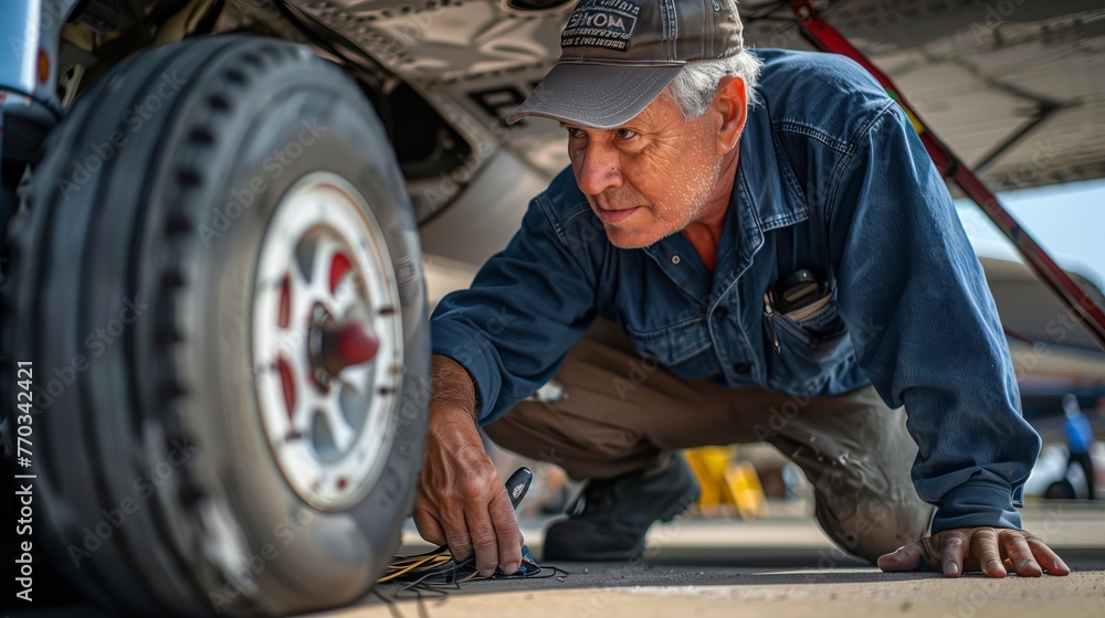 Senior Aircraft Mechanic Inspecting Airplane Wheel. Experienced aircraft mechanic crouches to carefully inspect the wheel of a small airplane. Senior Aircraft Mechanic Inspecting Airplane Wheel. Experienced aircraft mechanic crouches to carefully inspect the wheel of a small airplane.