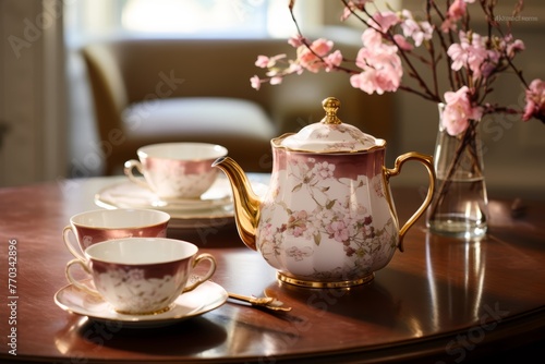  A enchanting scene featuring a Coquette aesthetic-inspired tea set, with delicate porcelain cups, floral-print saucers, and vintage silverware, inviting you to indulge in a moment of elegance and re