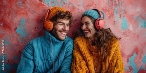 Couple in colorful outfits enjoying music. A smiling young couple wearing vibrant sweaters and headphones against a textured backdrop share a moment of joy photo