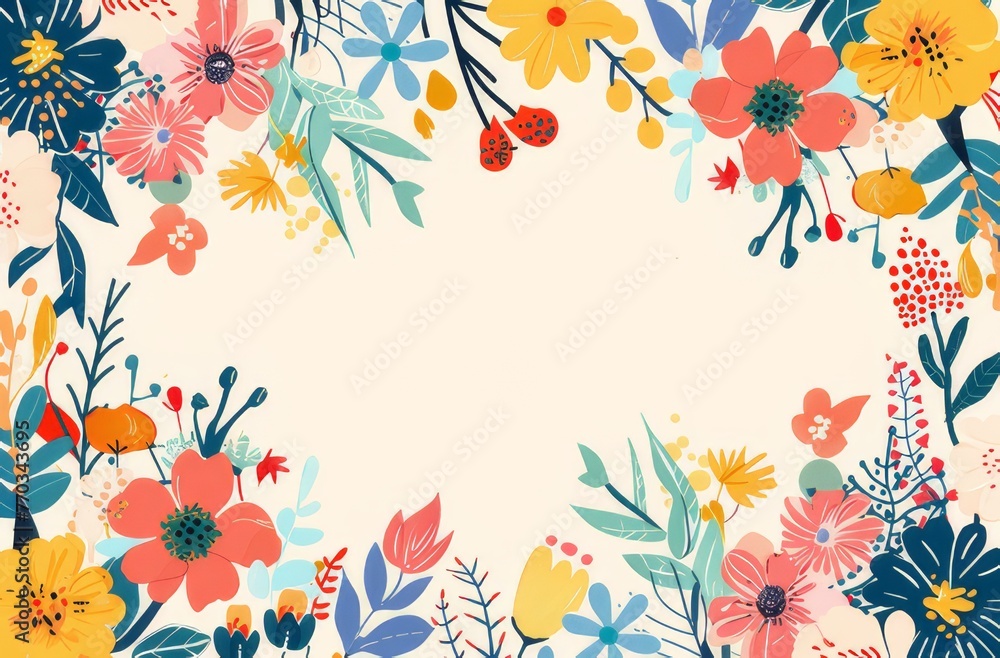 
A simple illustration featuring colorful flowers and leaves with a large blank space in the middle for text.