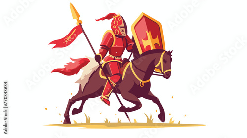 Cartoon knight on horseback with lance and shield flat