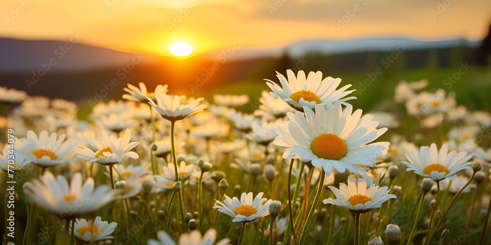 The landscape of white daisy blooms in a field
