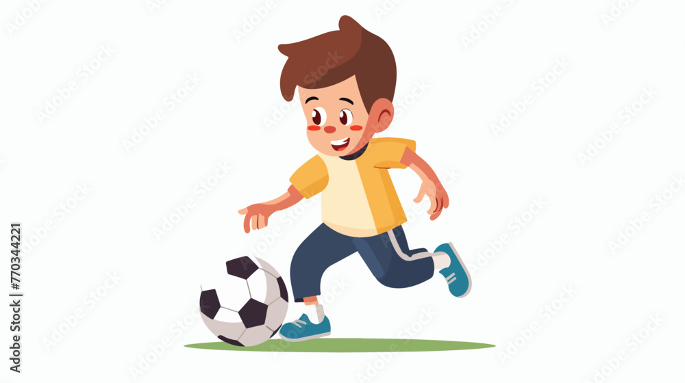 Cartoon little boy playing a football flat vector isolated
