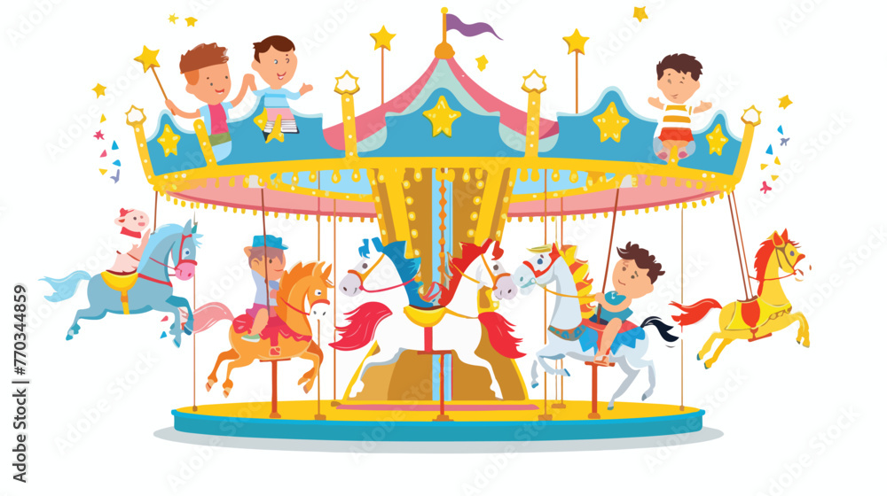 Cartoon little children on the carousel with horses fl