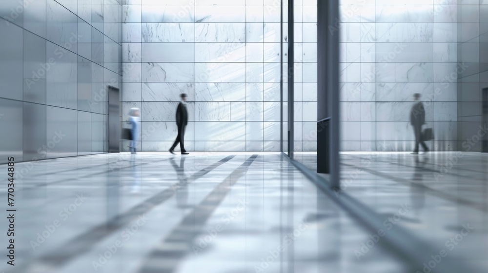 Fototapeta premium Contemporary hallway with people and reflections. An artistic representation of corporate movement, with silhouetted figures and striking marble reflections in a high-end setting