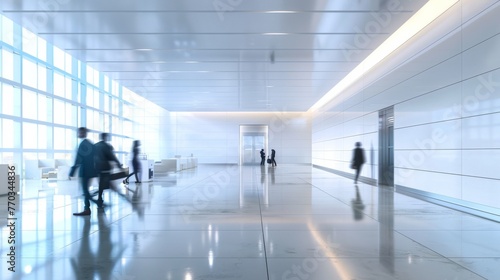 Modern corporate building with people in motion. This image encapsulates the pace of corporate life with blurred figures set against the backdrop of a pristine, modern office environment