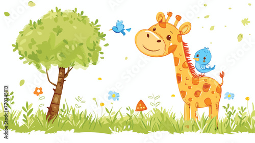 Cartoon little giraffe with blue bird in the grass fla