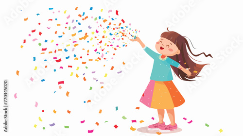 Cartoon little girl playing confetti popper flat vector