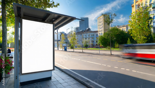 Vertical blank white billboard at bus stop on city street. In the background buildings. Generative AI.