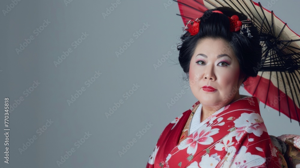 Japanese mature woman in a traditional kimono on grey background. Female in asian clothes. Japanese mature woman in a traditional kimono on grey background. Female in asian clothes.
