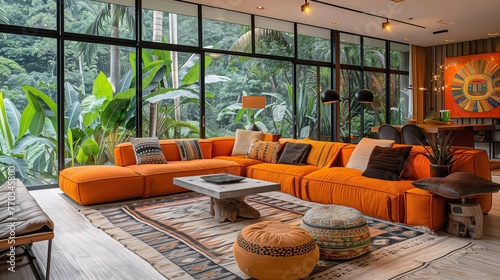 Modern Living Room with Orange Sofa and Tropical View
