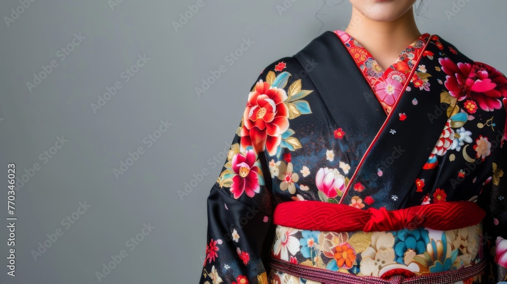 Japanese woman in a traditional kimono on grey background. Female in asian clothes. Japanese woman in a traditional kimono on grey background. Female in asian clothes.