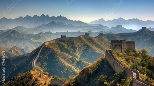 The Great Wall of China winding through a rugged mountain landscape under a clear blue sky.  photo