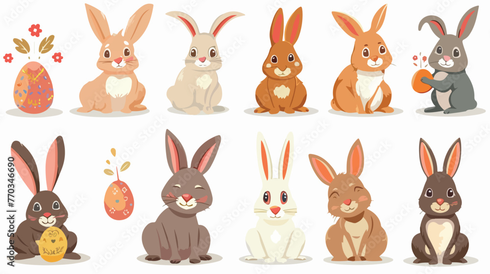 Cartoon rabbit easter collection set flat vector isolated