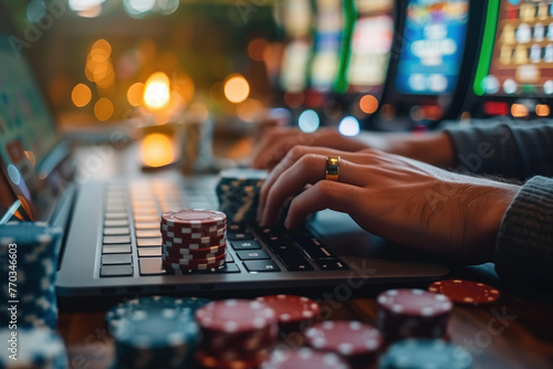Hands placing bets in an online casino game with poker chips and a laptop. photo