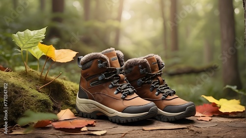 hiking boots in autumn forest,shoes backgeround photo
