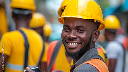 Smiling construction worker in safety gear with team in the background.