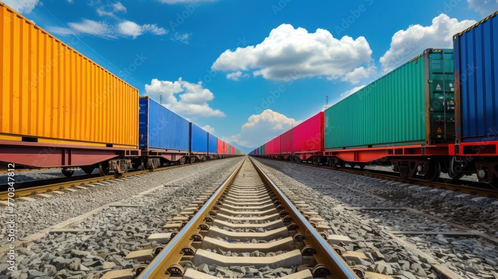 Colorful Freight Trains on Railway Under Blue Sky Colorful Freight Trains on Railway Under Blue Sky