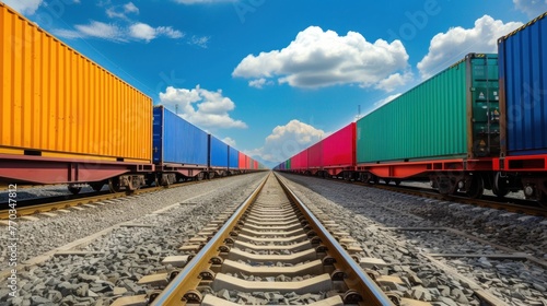 Colorful Freight Trains on Railway Under Blue Sky © photolas