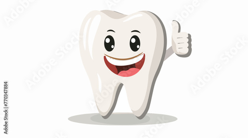 Cartoon tooth giving thumbs up flat vector isolated on