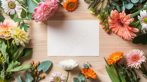 ベージュの木目の机の上に横のA4用紙のモックアップ、周りに淡いカラーの葉っぱがついたいろんなお花が飾ってある