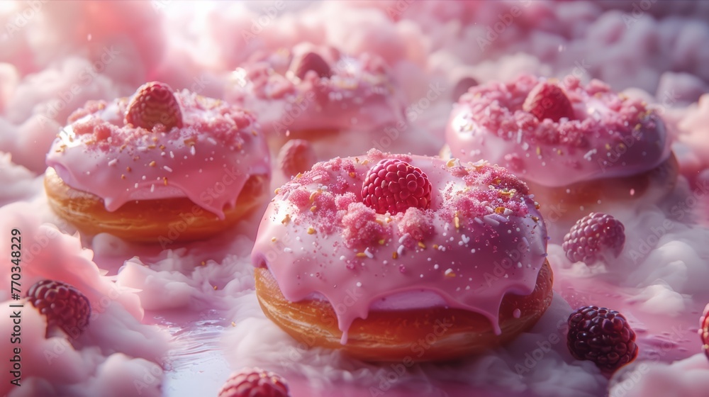 Delicious strawberry donuts on a cute pink cloud. Delicious strawberry donuts on a cute pink cloud.