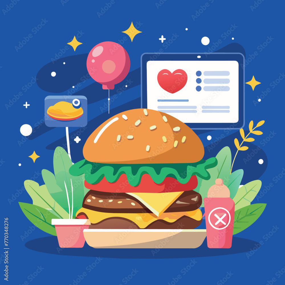 Delicious homemade burger with splashing cola, fresh ingredients, food ad in 3d illustration for web banner, Facebook,  Instagram post generated by Ai