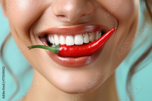 Close-up of a Smiling Woman Biting a Red Chili Pepper
