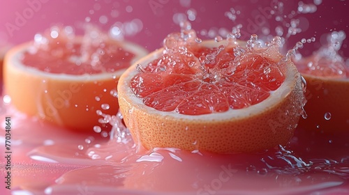 Fresh Grapefruit Halves Splashed With Water on a Pink Background