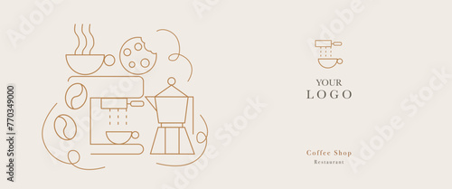 Hand drawn illustration of Bakery and Coffee. Icons. Abstract geometric line background. Gold luxury. Illustration for cover design, food package, menu, background, café wall, coffee shop, web banner.