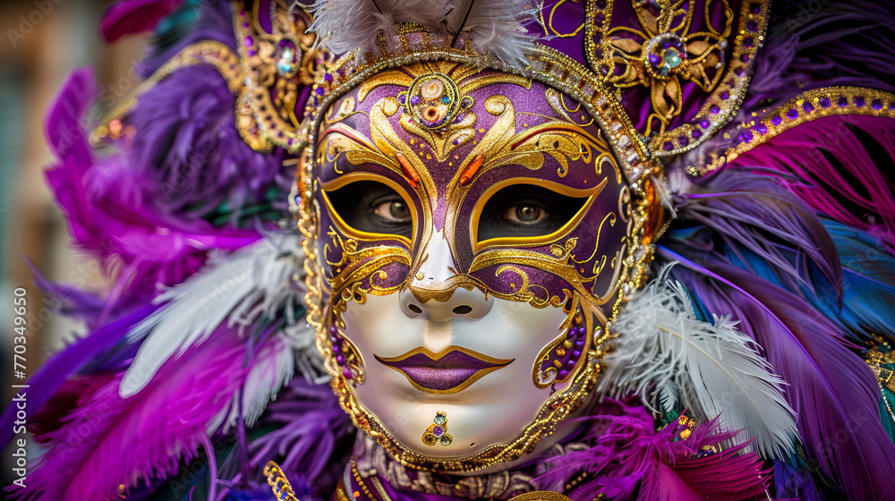 Lavish Venetian mask featuring lavender hue and gold trim, set against a backdrop of contrasting feathers