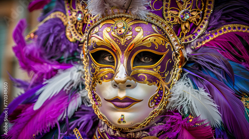 Lavish Venetian mask featuring lavender hue and gold trim, set against a backdrop of contrasting feathers © road to millionaire