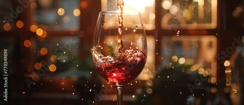 Elegant wine pour, glass catching light, celebration moment photo