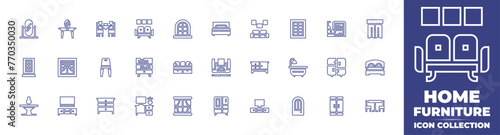 Home furniture line icon collection. Editable stroke. Vector illustration. Containing furniture, home, house door, drawer, sofa, cupboard, bed, mirror, divan, table, dressing table, window, curtain.