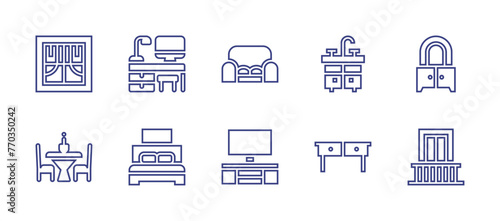 Home furniture line icon set. Editable stroke. Vector illustration. Containing sofa, drawer, balcony, workplace, wash basin, dining table, buffet, double bed, tv table, window.