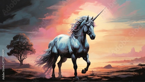 Image of a unicorn in a landscape  pastel color palette  hard black shadows  high contrast colors  vintage  retro style