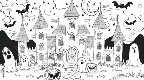 Coloring book page for Halloween. Cartoon castle 