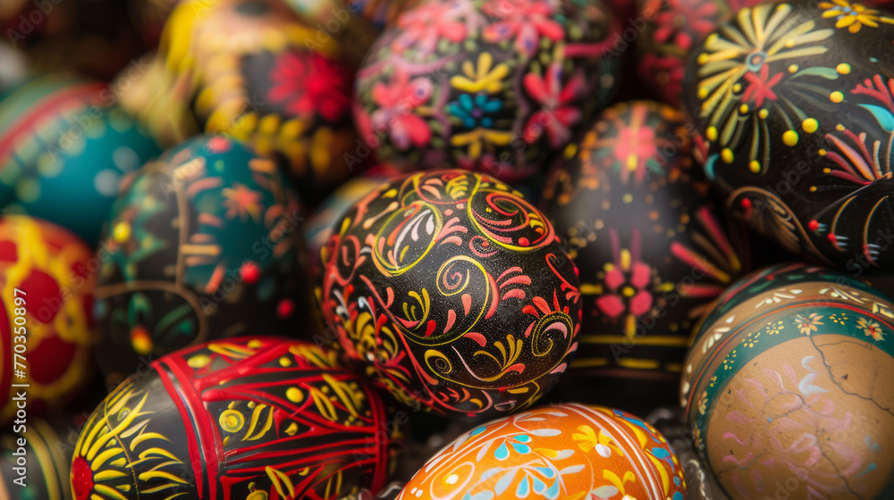 A close-up image showing a heap of exquisitely painted Easter eggs with intricate patterns A close-up image showing a heap of exquisitely painted Easter eggs with intricate patterns