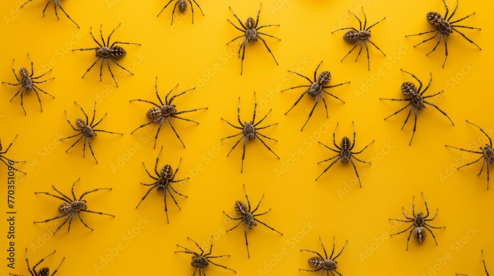 Funnel-web spiders on a yellow background. Dangerous insect. - obrazy, fototapety, plakaty 