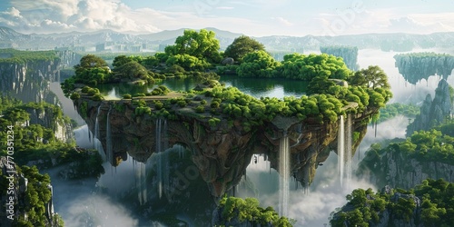 In the realm of fantasy, a floating island with lush greenery sustains an entire ecosystem