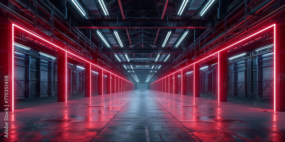 Neon symmetry in an industrial setting, conveying the precision and efficiency of modern logistics