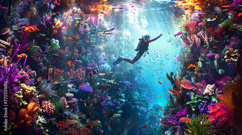 underwater diver in paradise coral land, underwater paradise photo