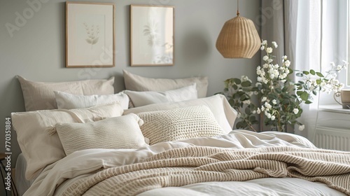 Cozy Interior Bedroom with Knitted Blanket and Natural Decor