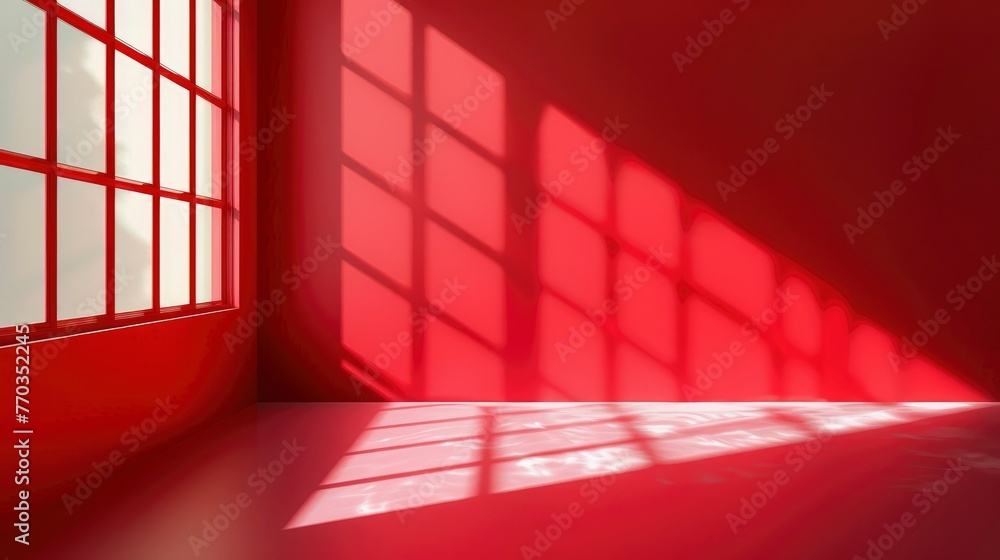 Abstract red studio background for product presentation. Backdrop with shadows of window for display product - generative ai Abstract red studio background for product presentation. Backdrop with shadows of window for display product - generative ai