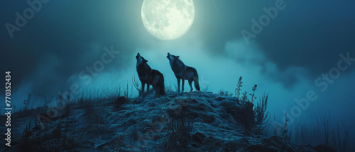 Wolves howling on a moonlit hill, communication and mystique