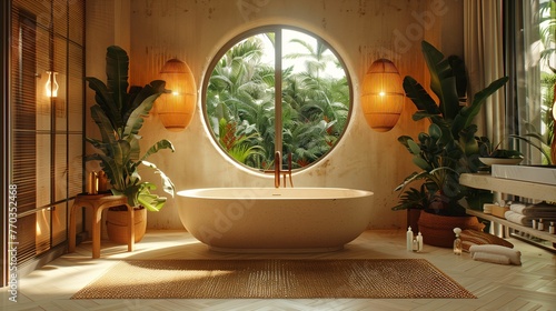 Luxury Tropical Bathroom Interior with Oval Bathtub and Jungle View