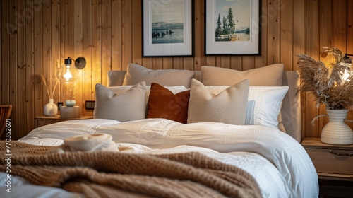 Cozy Bedroom Interior with Warm Lighting and Wooden Wall