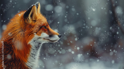 A fox's vivid orange fur, winter landscape softly out of focus, © FoxGrafy