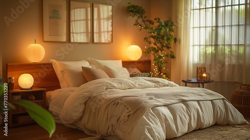 Cozy Bedroom Interior with Warm Lighting and Decorative Plants